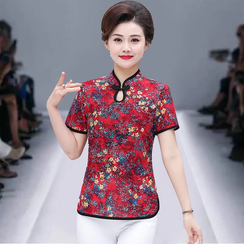 T-shirt donna estiva Vintage donna colletto Cheongsam stampa elegante top donna pullover selvaggio t-shirt Slim fit