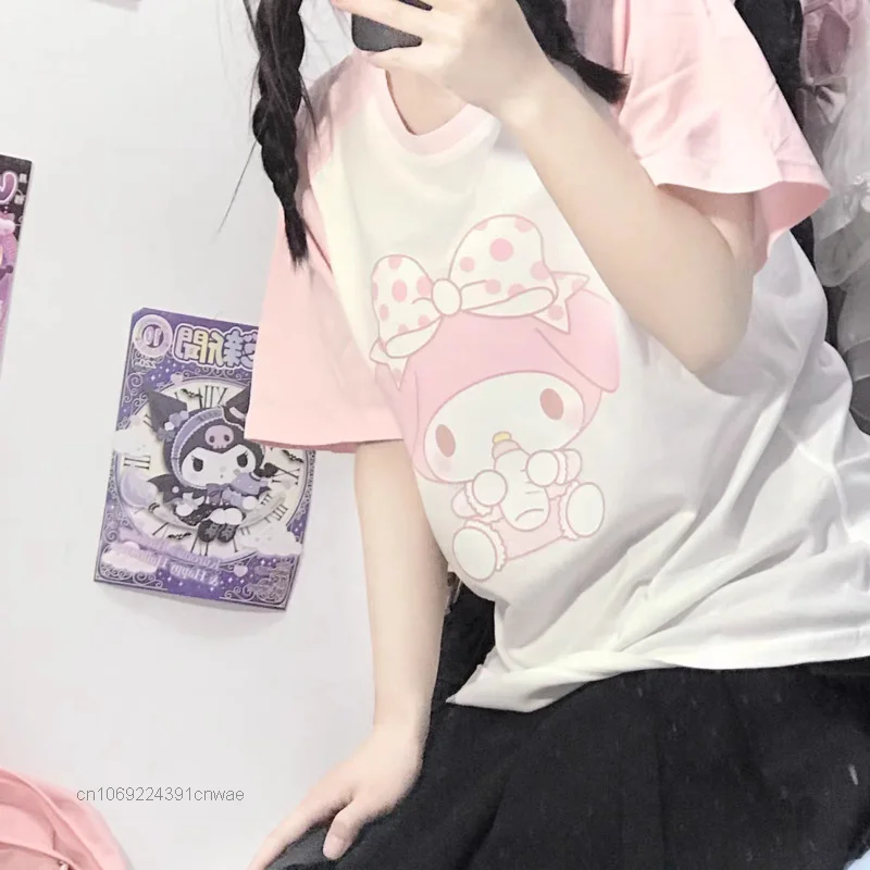 Sanrio-Camiseta de manga corta My Melody para mujer, Top de Anime de dibujos animados Kawaii, ropa Cutecore, blanco Y rosa, 2k, estudiante de verano