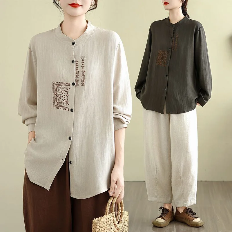 

Cotton and Linen Retro Chinese Embroidery Long-sleeved Shirt Spring Autumn New Loose Casual Versatile Top