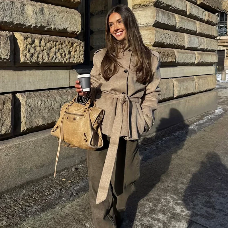 Autumn New Women's Jackets 2026 New Fashion Loose Belt High Neck Warm Women's Coats Chic Elegant Youth Street Outerwear Coats