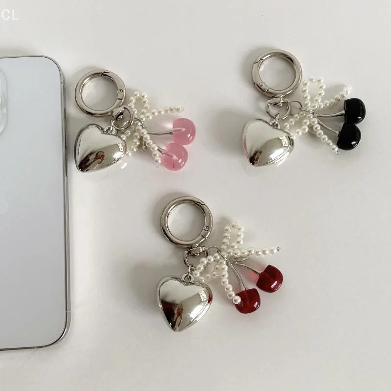 Eye-catching Pearl Bow Keychain with 3D Crystal Cherry; Silver Heart Pendant for Women's Bag