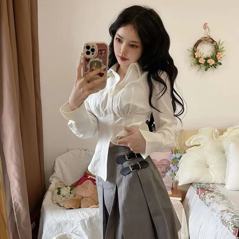 Preppy Style Jk White Shirts Women Korean Fashion Slim Fit Tunic Long Sleeve Crop Tops Woman Y2K Streetwear All Match Blouses
