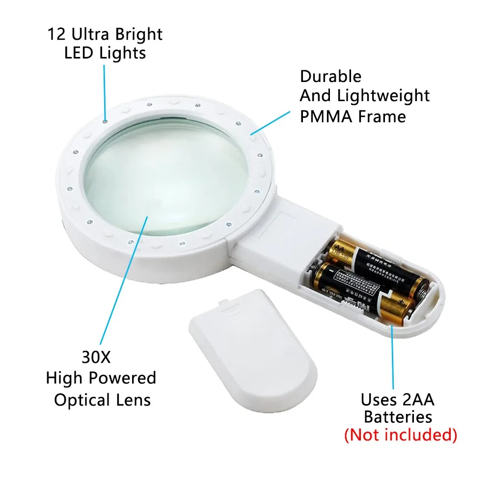 Loupe éclairée 30x avec lumière, 12 LED, pour la réparation des outils de lecture, des bijoux, des enfants et des étudiants