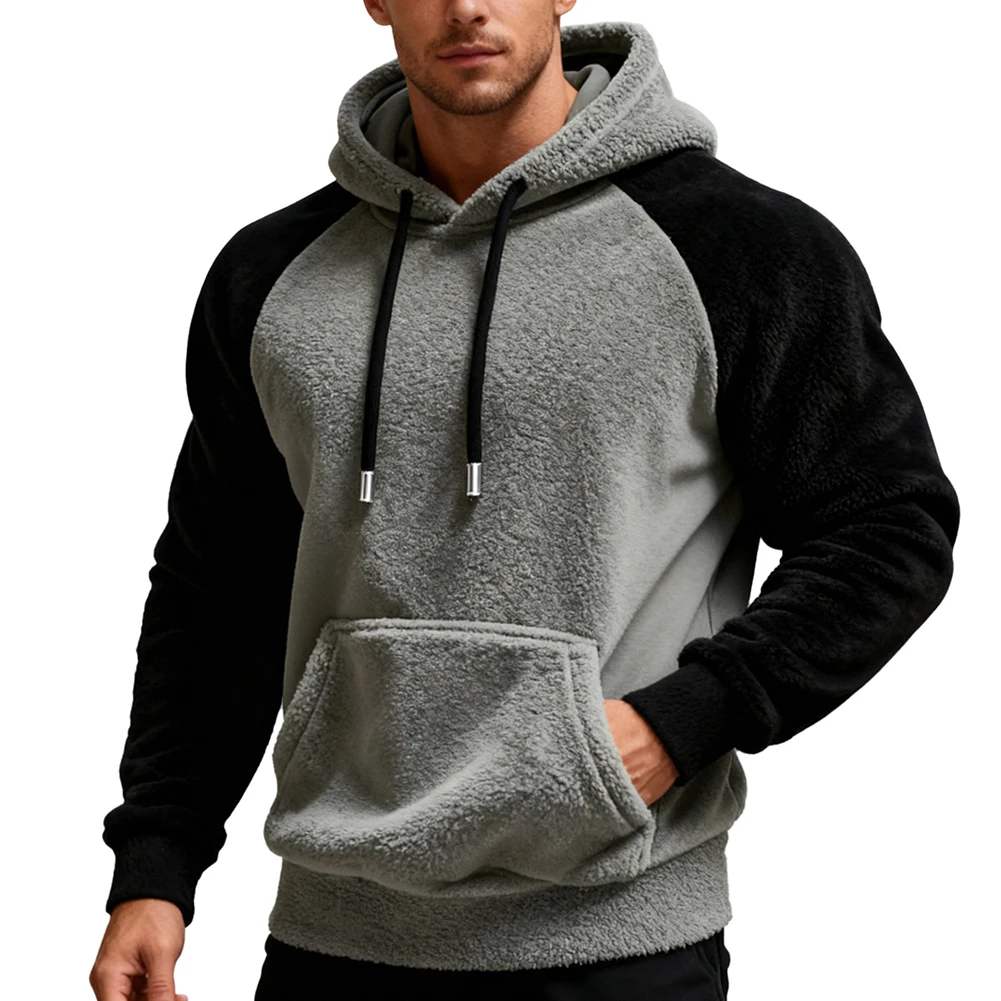 For Polar Fleece Hooded Sweatshirt for Men with Raglan Sleeve Splicing and Loose Fit Suitable for Casual and Sport