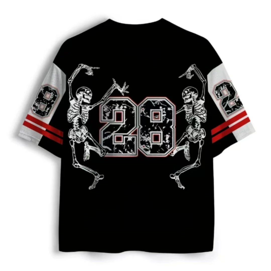 Gothic Skeleton V-neck Mesh Short Sleeve Dancing Skeleton Bonfire Printed Streetwear Halloween Sports T-shirt