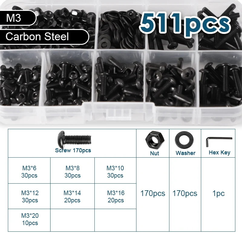 M1.6 M2 M2.5 M3 M4 M5 M6 M8 Innensechskant-Halbrundkopfschrauben, Muttern und Unterlegscheiben Set, Schwarz, Güteklasse 12.9, Inbus-Rundkopfschrauben und Muttern Kit
