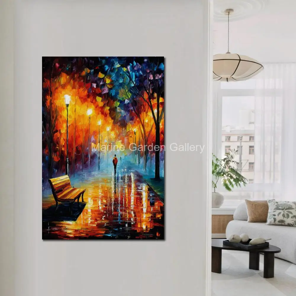 Textured Cityscape Night Painting Palette Knife Oil on Canvas Hand Painted Contemporary Urban Art for Hallway Living Room Wall
