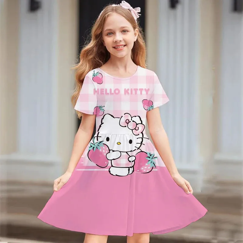 

MINISO Hello Kitty And Friends 2025 Summer For 3-14 Years Children Girl Breathable Imitation Cotton Short Sleeves Dress