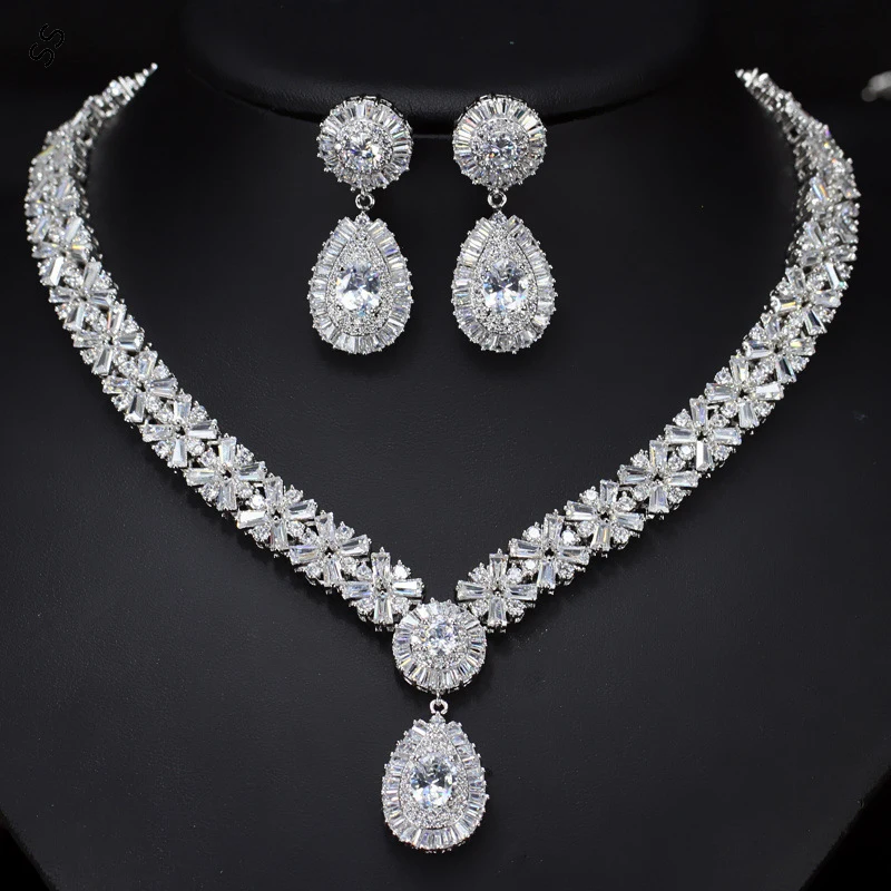 

Bridal Dinner Jewelry Set Pure Handmade Copper Inlaid 3A Zircon Earring Necklace 2 Piece Accessory for Women Middle East Popular