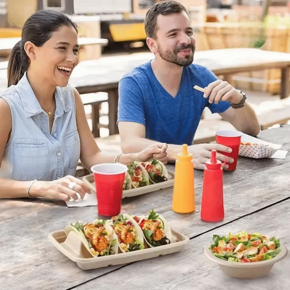 50Pcs 3 Compartments Disposable Taco Plates with Lid Biodegradable Taco Holder Pulp Stackable Taco Serving Tray Restaurant
