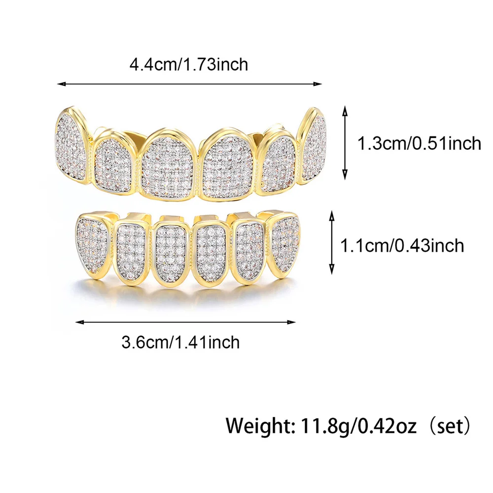 Hip Hop Full Iced Out Teeth Grillz Caps Bling Cubic Zircon Micro Pave Top & Bottom Charm Grills Set For Men Women Jewelry