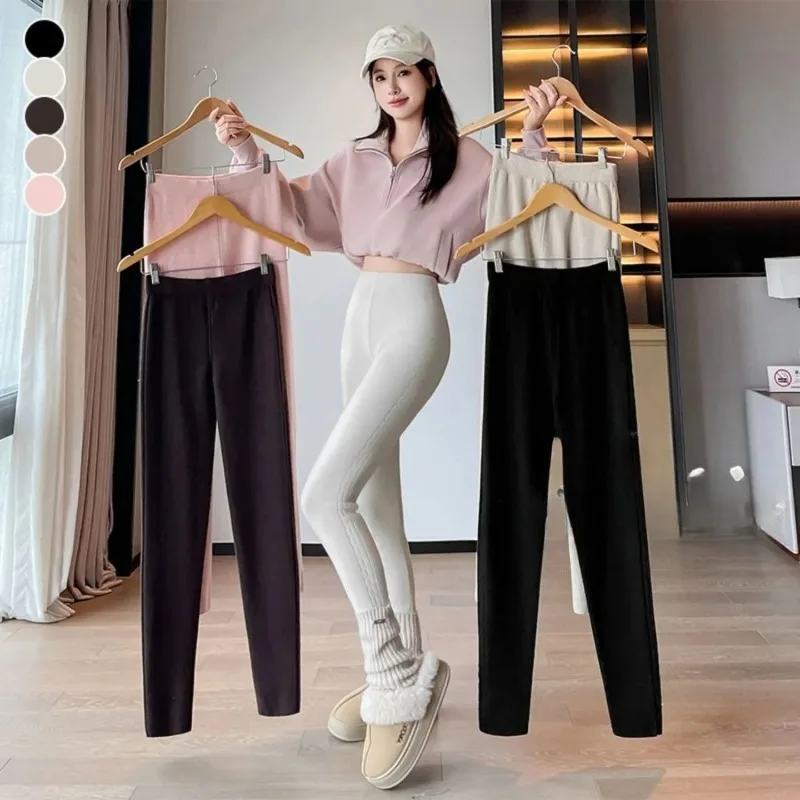 Calcinha de malha listrada jacquard outono e inverno nova cintura alta versátil apertado elástico interno e exterior usar calças de pés pequenos