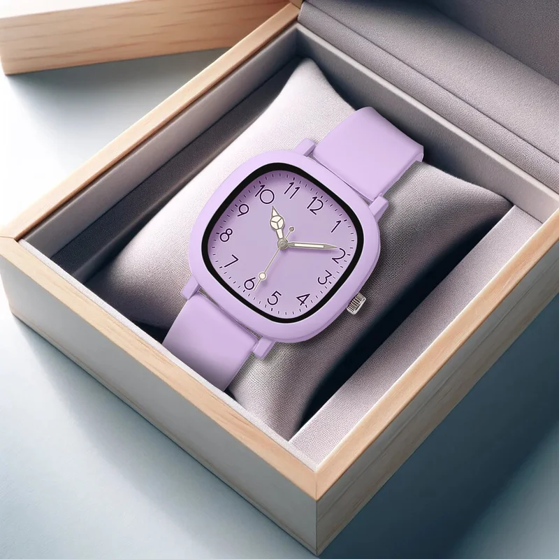 1 piece women's purple tape sports style beautiful girl square Arabic scale quartz watch