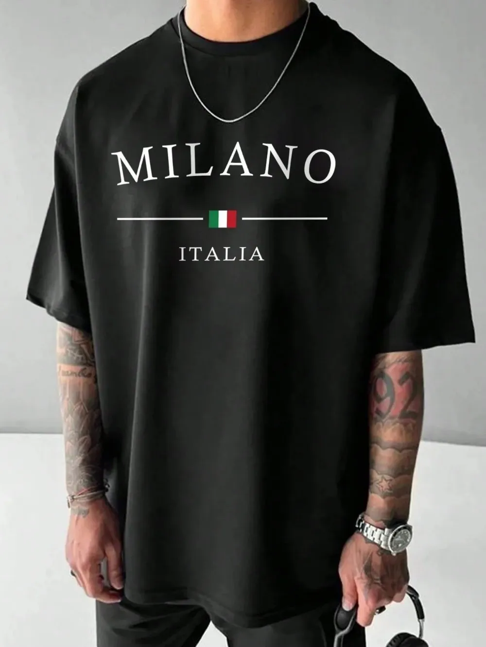 New American Men's Summer Italian Letter Stripe Printed Micro Elastic Breathable Round Neck T-shirt Outdoor Street Style Top