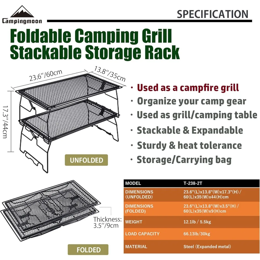 2pcs Campfire Grill Storage Rack Camping Grill Steel Foldable Stackable T-238