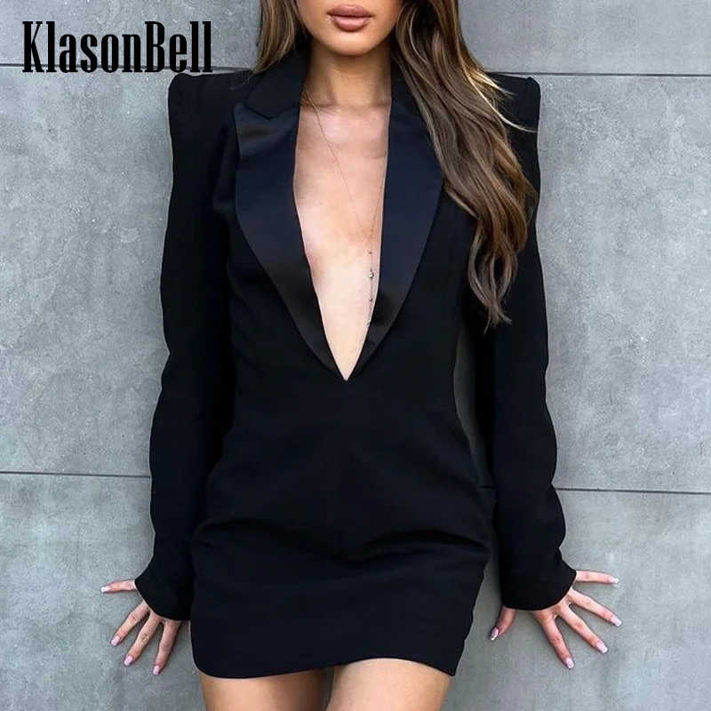 8.4 KlasonBell Women Temperament Acetate Spliced Notched Collar Design Blazer Dress Office Sexy Deep V-Nec Collect Waist Dress