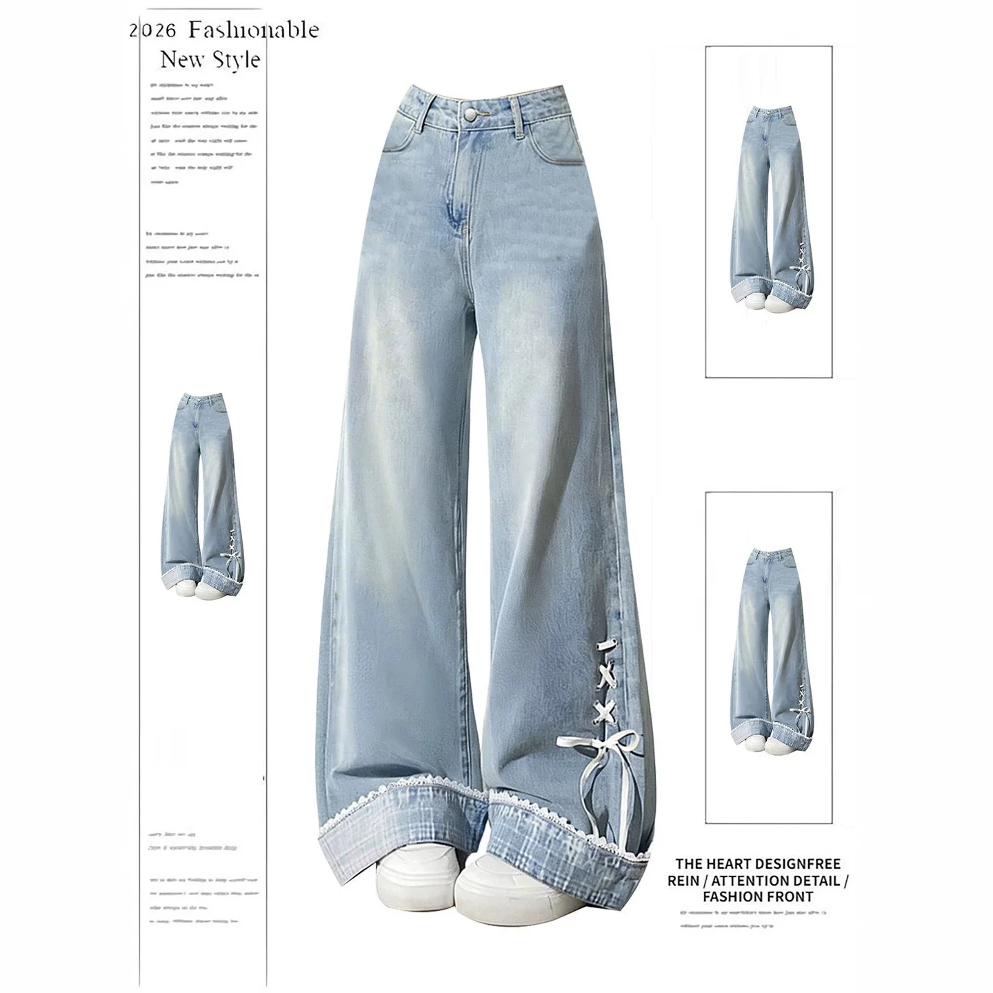 Bow jeans bow tie wide leg jeans spring summer denim pants loose straight leg trousers overall jumpsuit