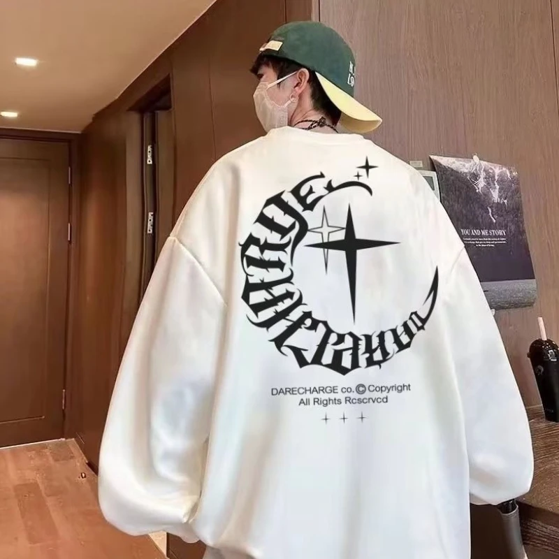 M-8XL Men Oversized Sweatshirts Fashion Loose American Moon And Stars Print Sweatshirts Long Sleeve Plus Velvet Couple Clothes
