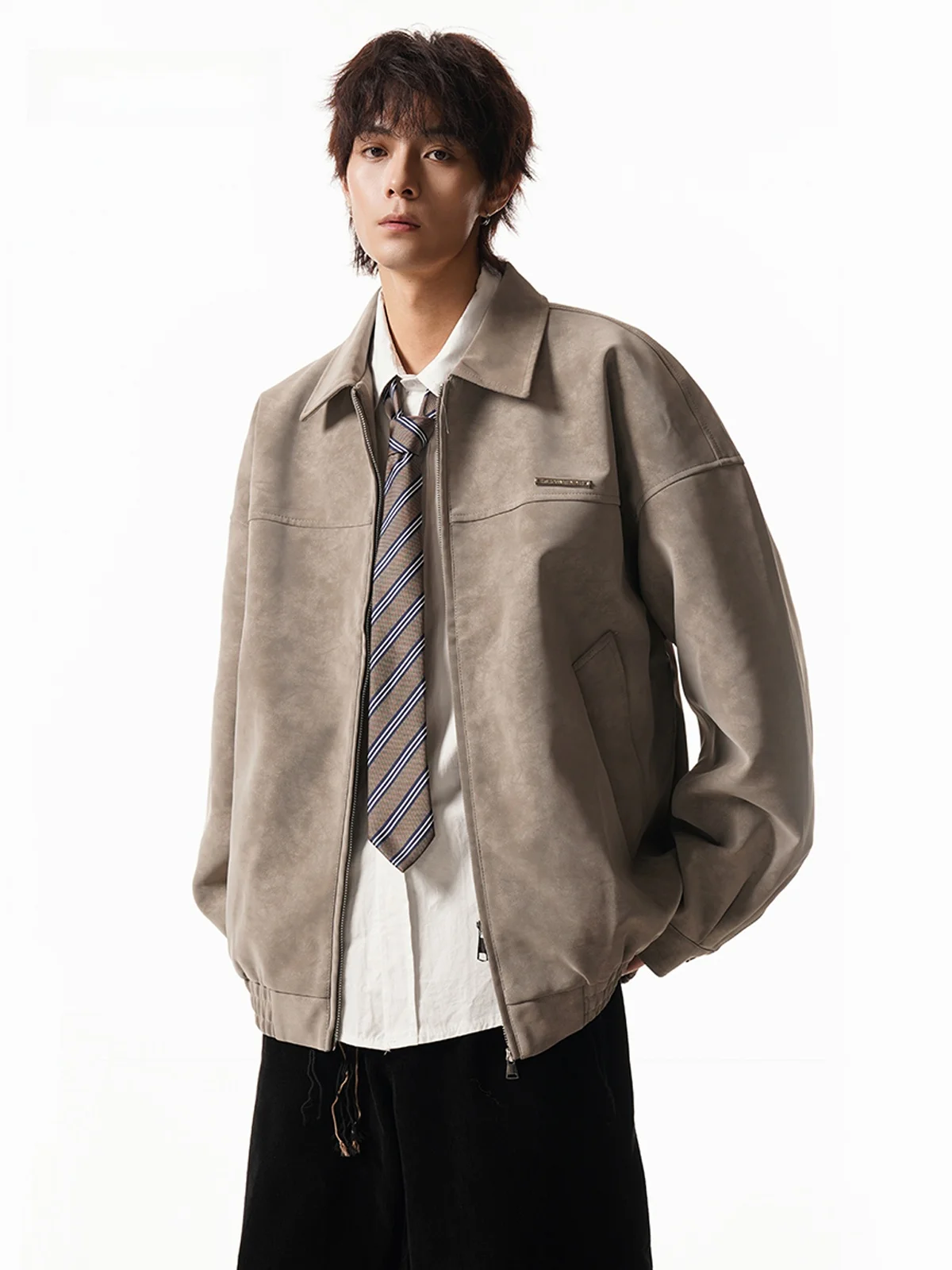 

Retro American PU Leather Jaet ex Casual Sle Zipper Closure Long Sve Workwear Outerwear for Couples in Autumn