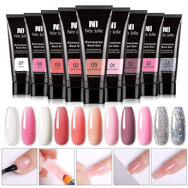 Poly Nail Gel Kit with 6W LED Lamp, All-In-One Set for Manicure, Semi-Permanent Extension Gel and Acrylic French Nails with Tool