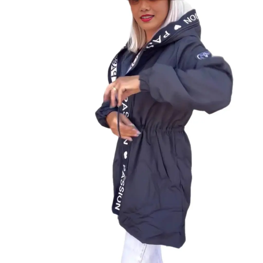 

Women's Autumn/Winter Casual Letter Jacket with Drawstring Zipper Pocket European And American Style Cotton Top