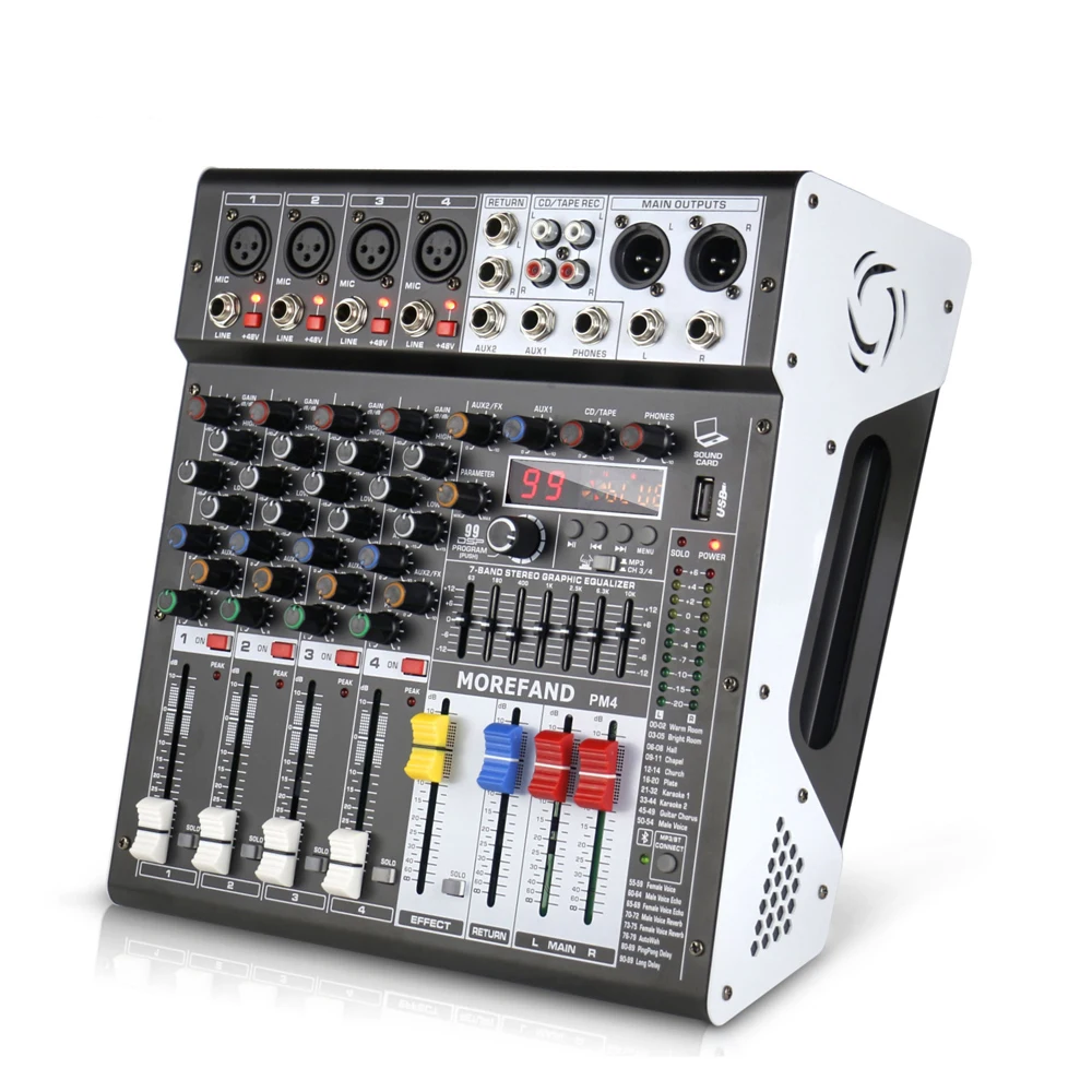 DBK 4 Channel Powered Audio Mixer BT Mixing Console With 7 Band EQ And USB For Stage Wedding Karaoke DJ Events