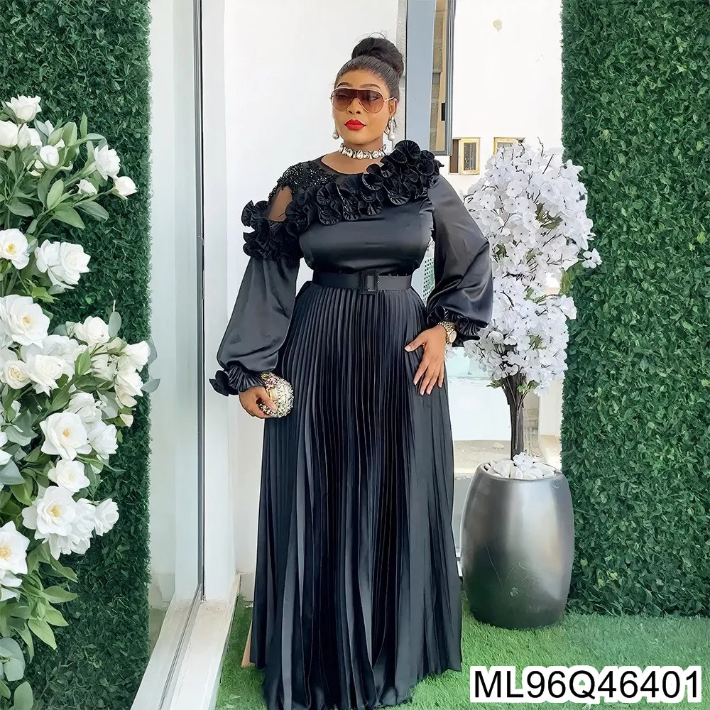 

2025 Style Fashionable and Elegant Long-sleeved Dress, African Plus-size Women's Three-dimensional Flower Long Dress ML96Q464