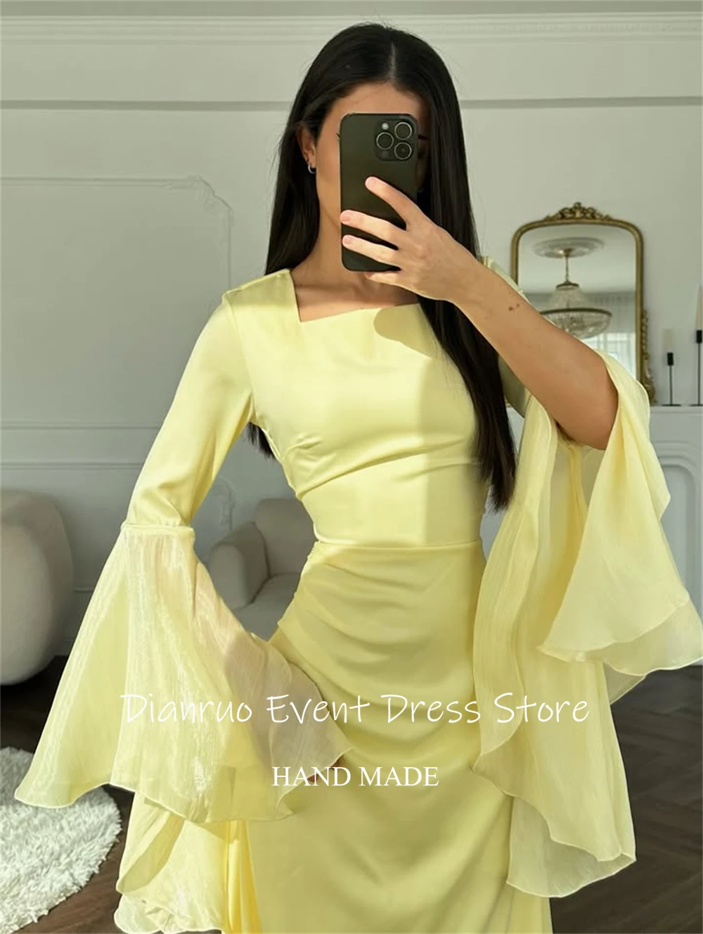 فساتين سهرة Dianruo بأكمام جرس صفراء ورقبة مربعة من الساتان رداء De Soirée فام على شكل حرف A فساتين طويلة أنيقة مخصصة