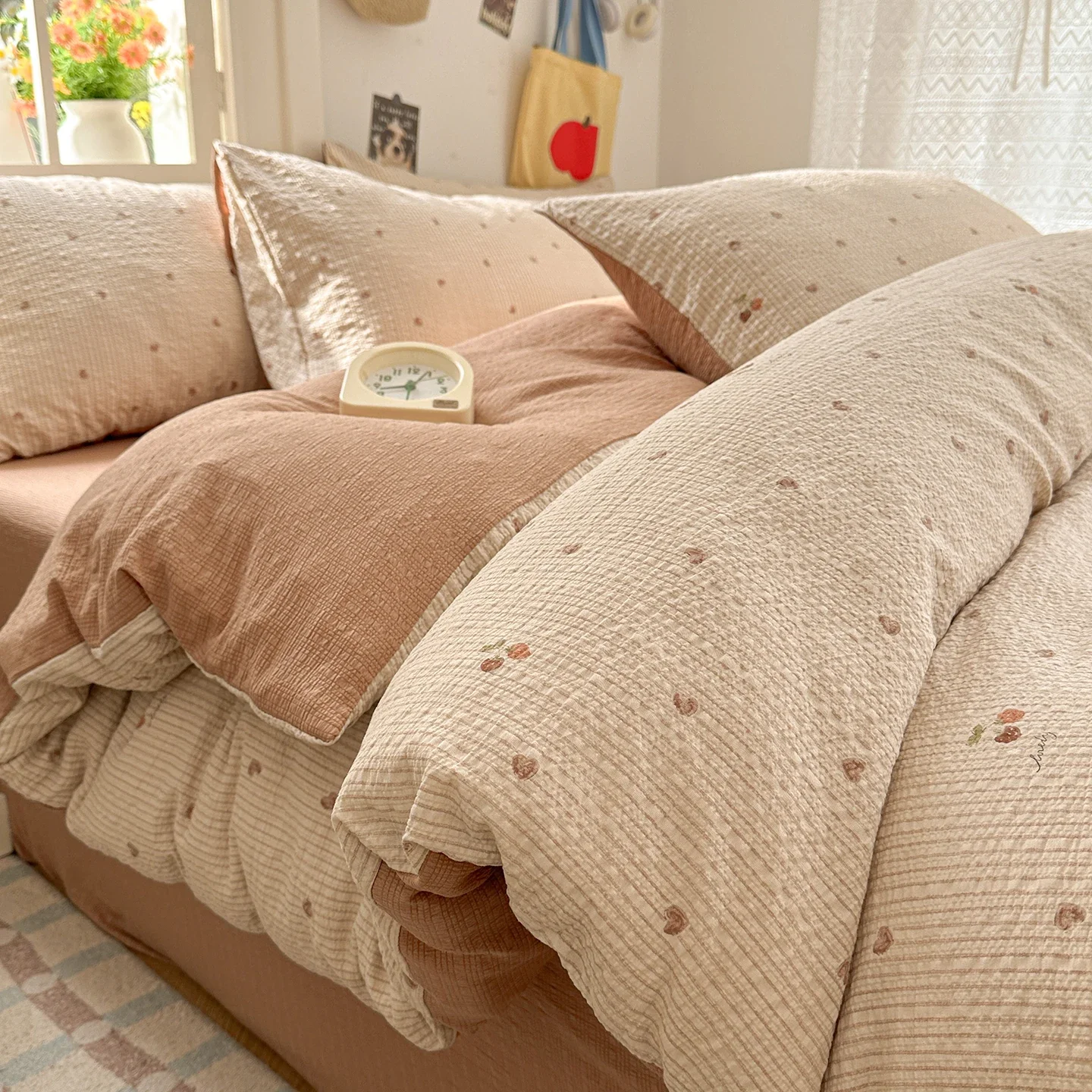 Bubble Gauze Bedding Set,Duvet Cover with Flat Sheet 2 Pillowcases,Cloud Soft Breathable Bed Linen,All Season Cozy Bedroom Decor