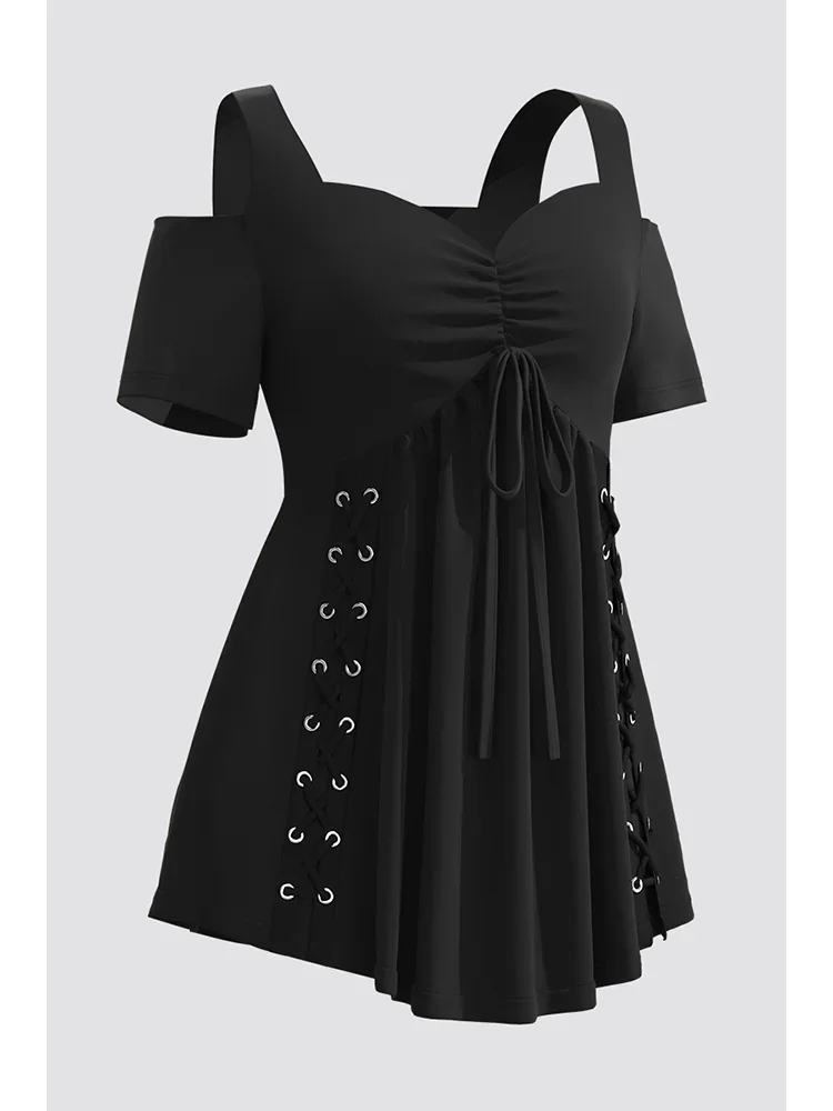 Women Plus Size Off the Shoulder T shirt Casual Black Cold Shoulder Pleated Metal Eyelet Washer Short Sleeve Summer A-Line Top