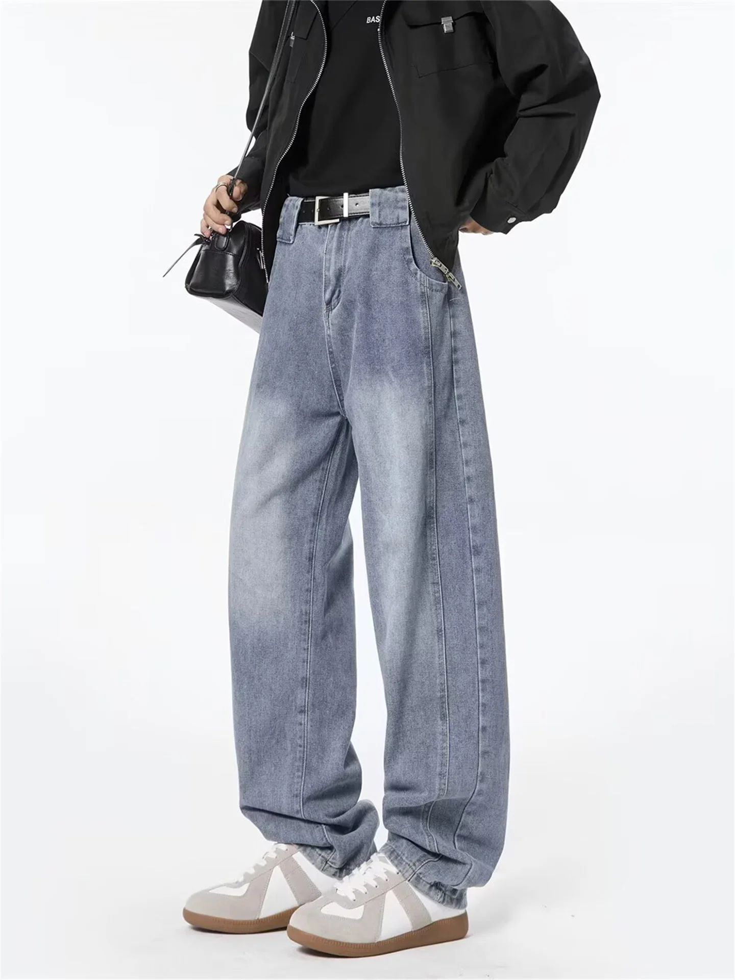 

American Washed Loose Wide Leg Jeans Men's High Street Vibe Drape Splicing Jeans Youth Long Pants Blue Color Knife