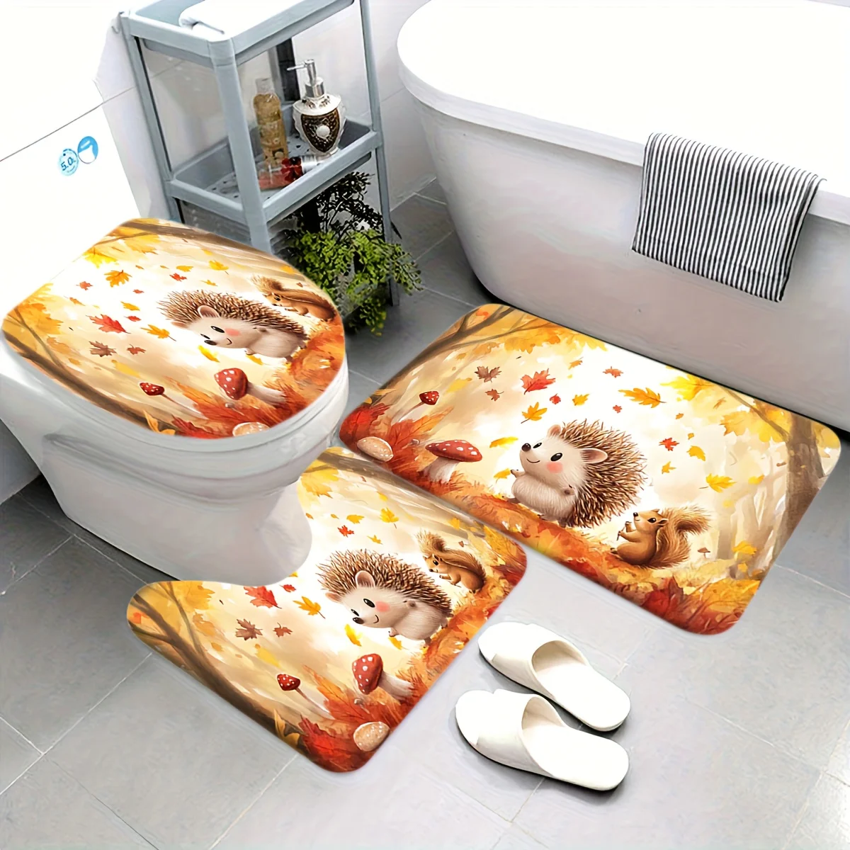 Cute Autumn Woodland Animal Bath Mat Set for Bathroom Home Decor Fall Rug