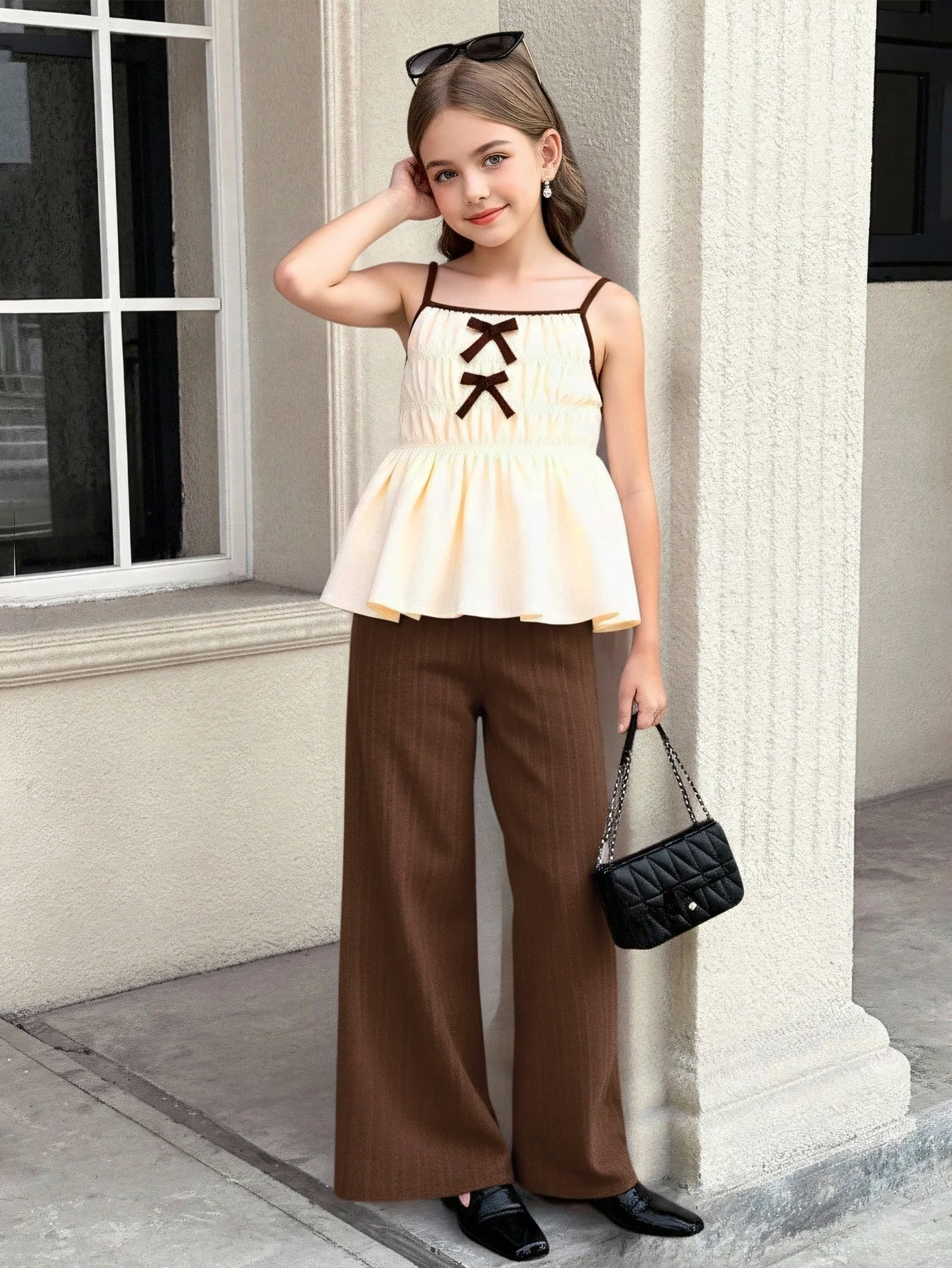 Kids Girls 2-Piece Set, Cream Bow Smocked Cami Top & Brown Wide Leg Pants Casual Outfit