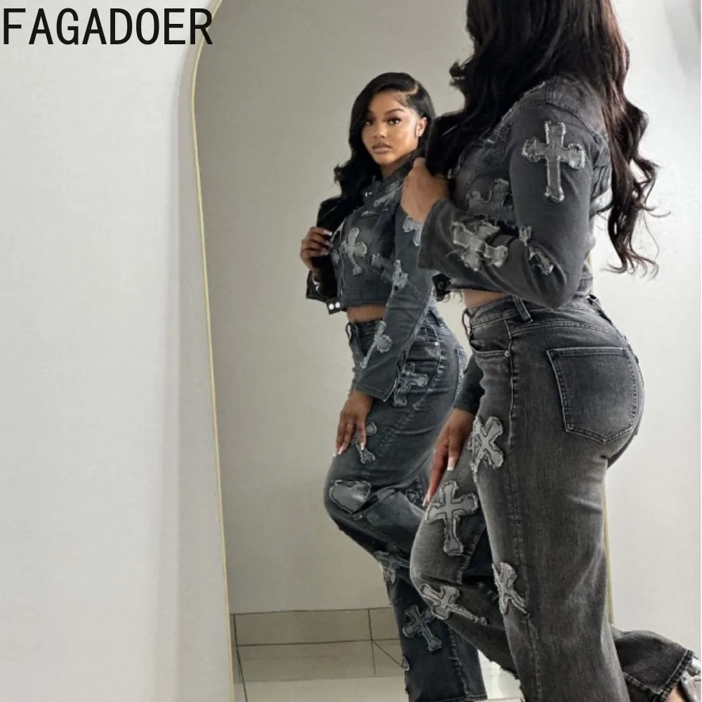 FAGADOER Fashion Y2K Streetwear Women Denim Printing Zipper Long Sleeve Top And Straight Jean Two Piece Sets Female 2pcs Outfits