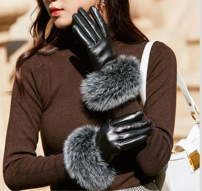 

Women Genuine Leather Gloves Winter Add Furs Fashion Sheepskin