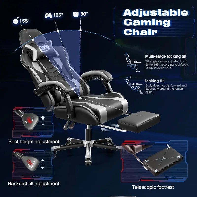 Ergonomic Gaming Chair with Footrest, Racing Gamer Chair with Linked Armrests and Lumbar Support for Adults, High Back Leather