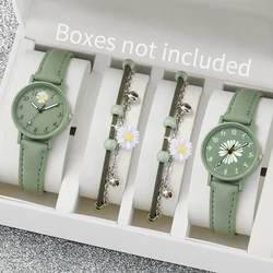 4PCS/Set Fashion Women's Watch Sweet Leisure Versatile Flower Dial Quartz Watch with Chrysanthemum Leaf Shaped Bracelet Set