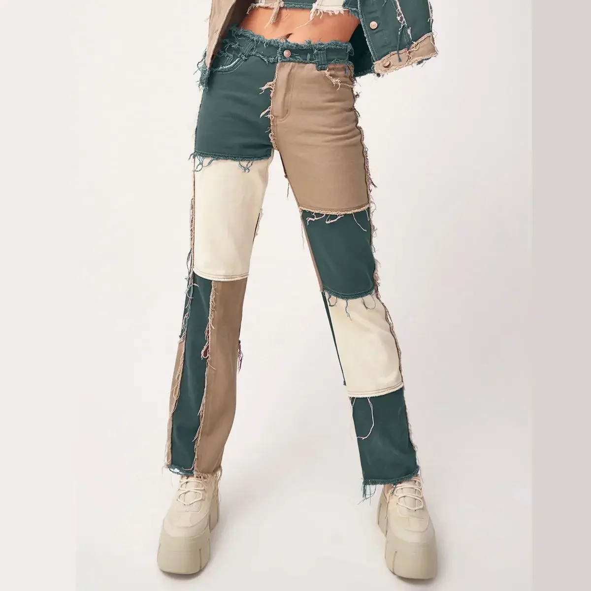 

Women's New Fall Fashion Personality Patchwork Straight Leg Jeans Casual Spell Color Street Hipster Jeans Y2k Denim Trousers