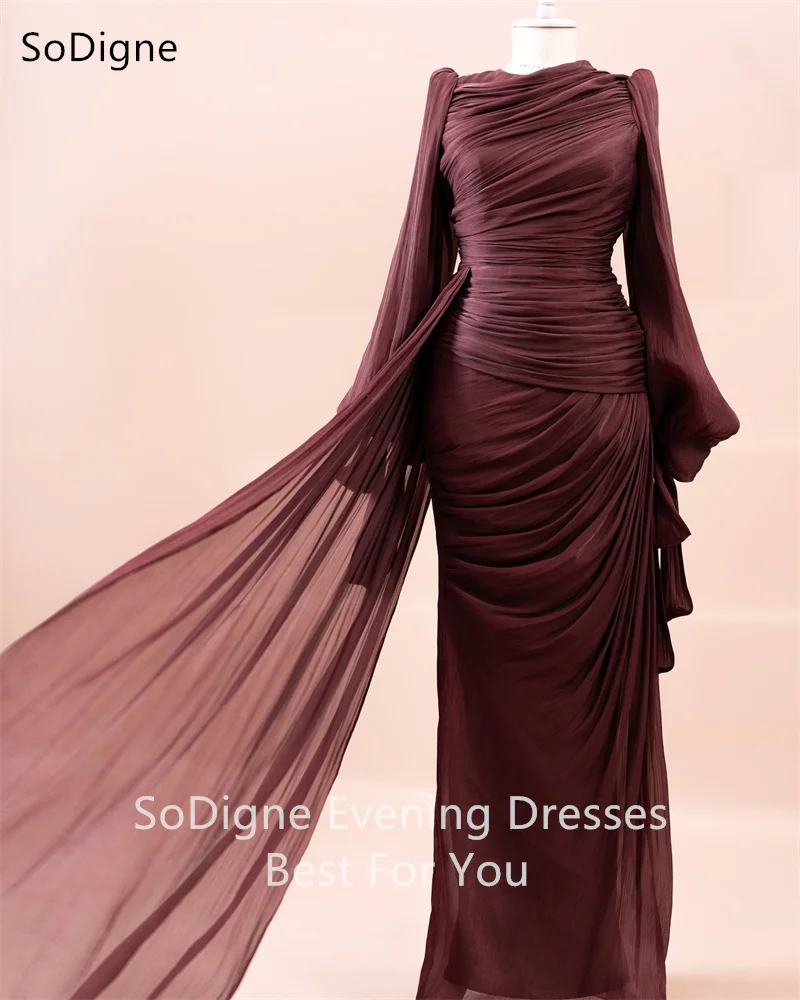 SoDigne Arabic Evening Dresses Full Sleeve O Neck Pleat Formal Dress Floor-Length Wedding Guest Prom Party Gown 2025 Customized