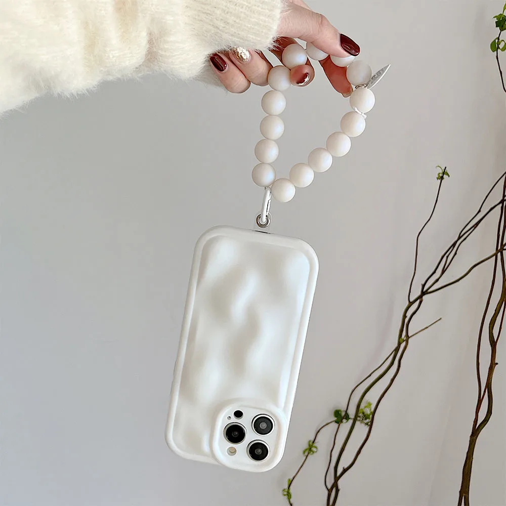 Japan Korea Meteorite Soft IMD Phone Case For iPhone 14 Pro Max 13 12 Pro 11 Fashion Pearl Cream White Bracelet Keychain Cover