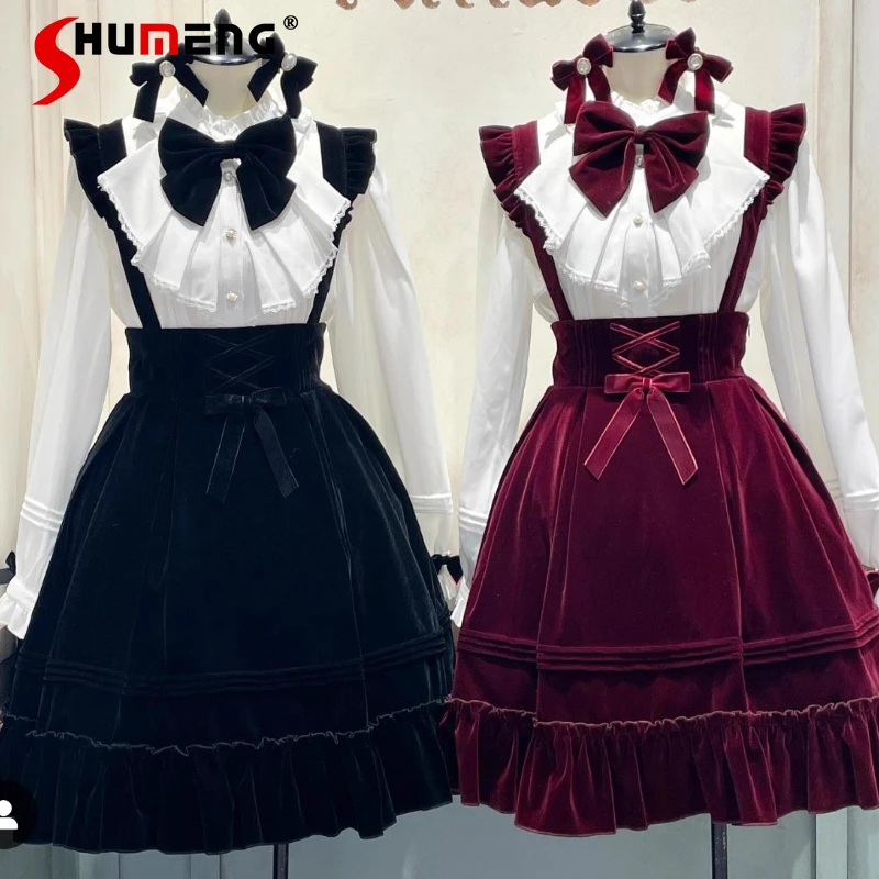 

Японский стиль Rojita, милая бархатная юбка в стиле ретро с бантом на бретельках, кавайная одежда Y2k, облегающие юбки на подтяжках с высокой талией для девочек