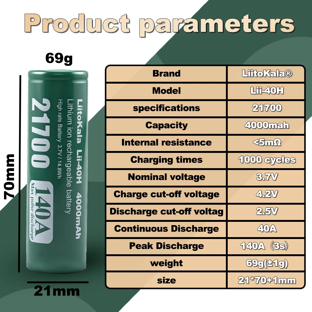 1-12PCS LiitoKala Lii-40H 140A discharge 3.7V 21700 4000mAh Top High-performance Rechargeable Battery for power tools