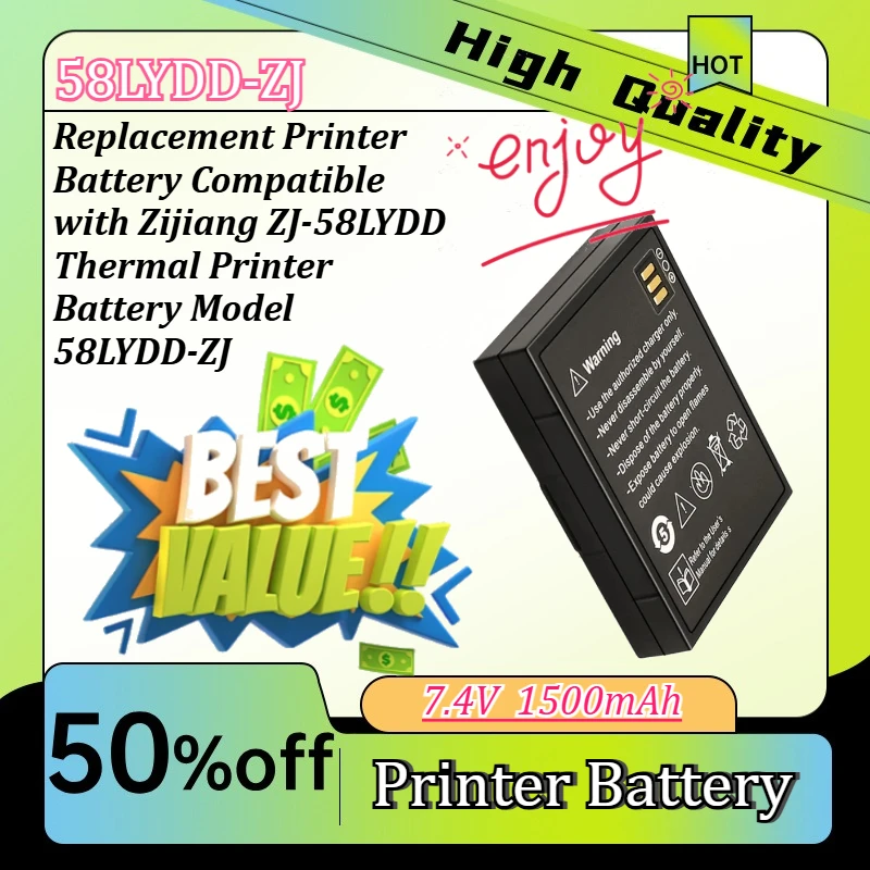 Replacement Printer Battery Compatible with Zijiang ZJ-58LYDD Thermal Printer Battery Model 58LYDD-ZJ  7.4V  1500mAh