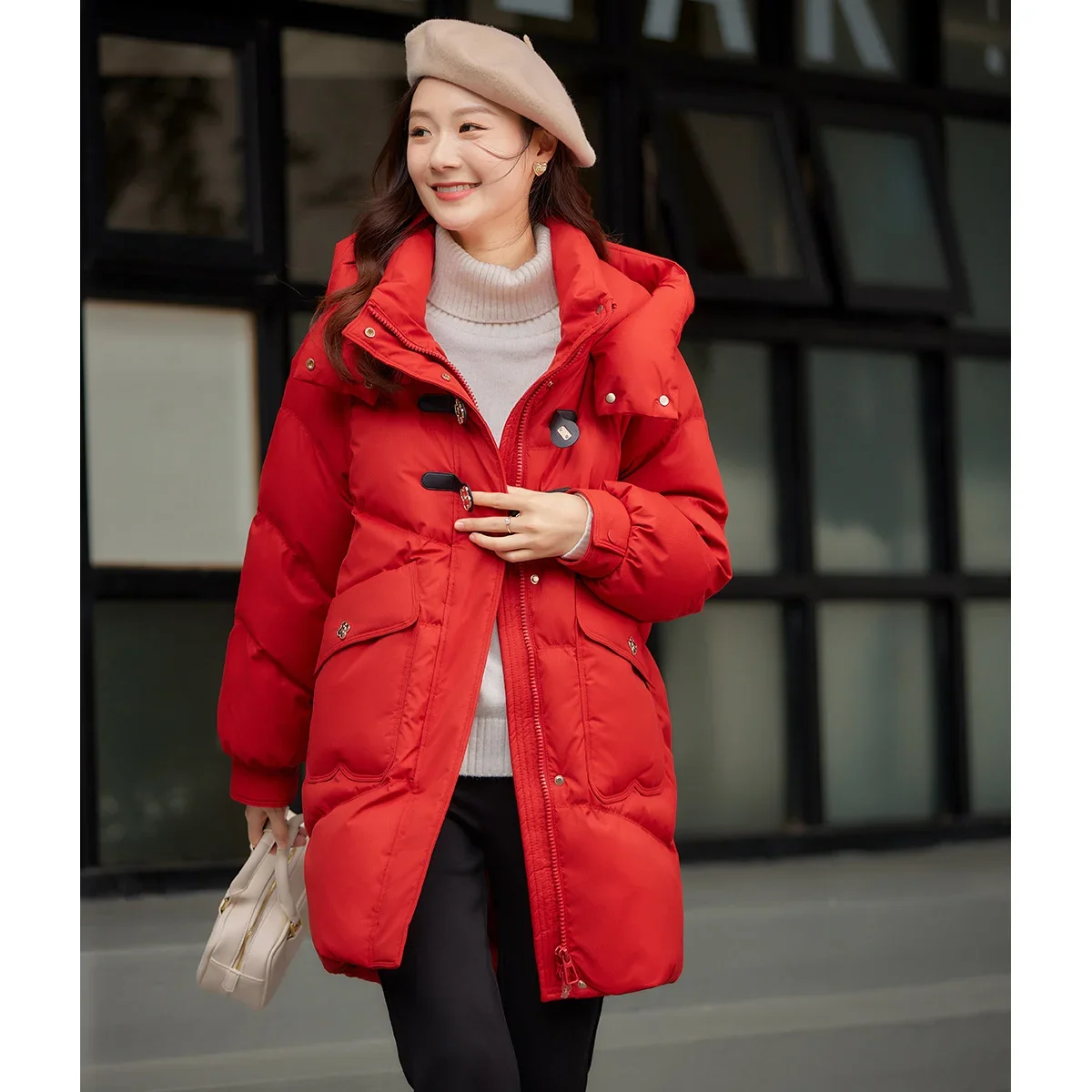 VIMLY Hot Long Down Jacket Women\'s Office Lady Hooded Standing Neck Coat Winter Loose Casual Jacket Thick Windbrake Down Coat