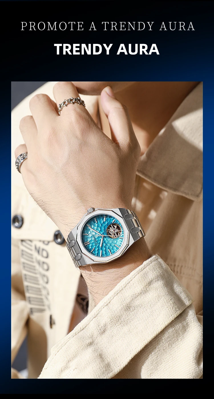 Automatische mechanische Herrenuhr mit orangefarbenem Zifferblatt, Skelett-Tourbillon, achteckige Armbanduhr aus Edelstahl, luxuriöse wasserdichte Uhr – Detail 10
