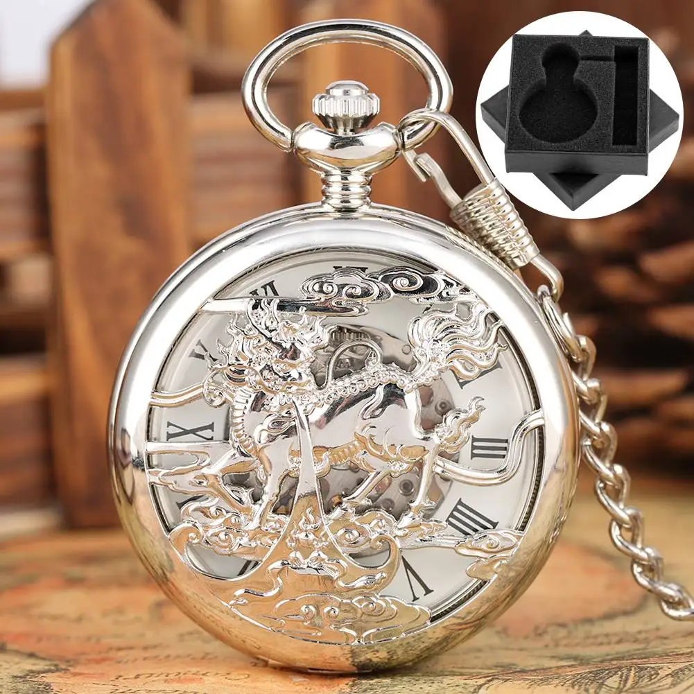 الصينية القديمة أسطورة الحيوان كيلين الجوف الفضة الميكانيكية اليد لف ساعة جيب الرجال فوب سلسلة قلادة ساعة هدية