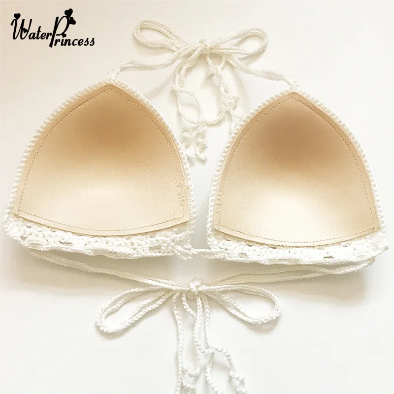 Bikinis rojos de algodón para mujer, conjunto de Bikini Sexy de ganchillo, sujetador acolchado liso verde, traje de baño para tomar el sol, traje de baño triangular con cuello Halter para playa