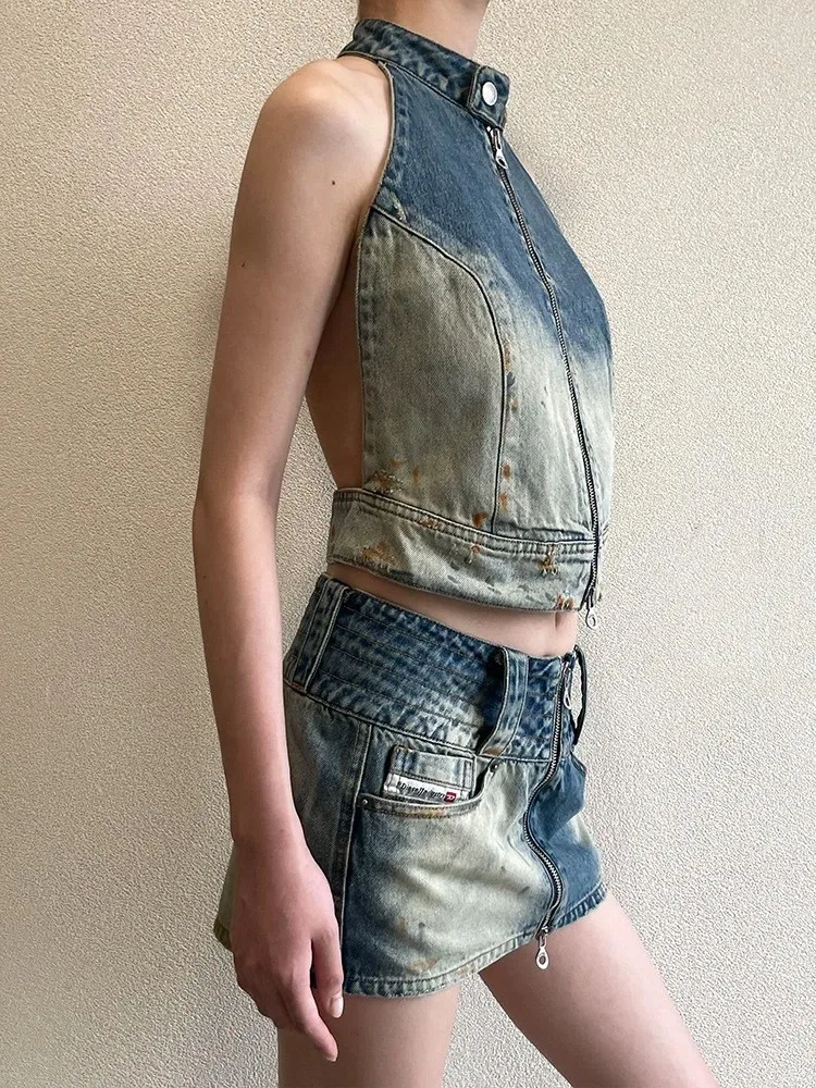 TWOTWINSTYLE Denim Two Piece Set For Women Halter Sleeveless Backless Tank Top High Waist Mini Skirt Streetwear Sets Female New