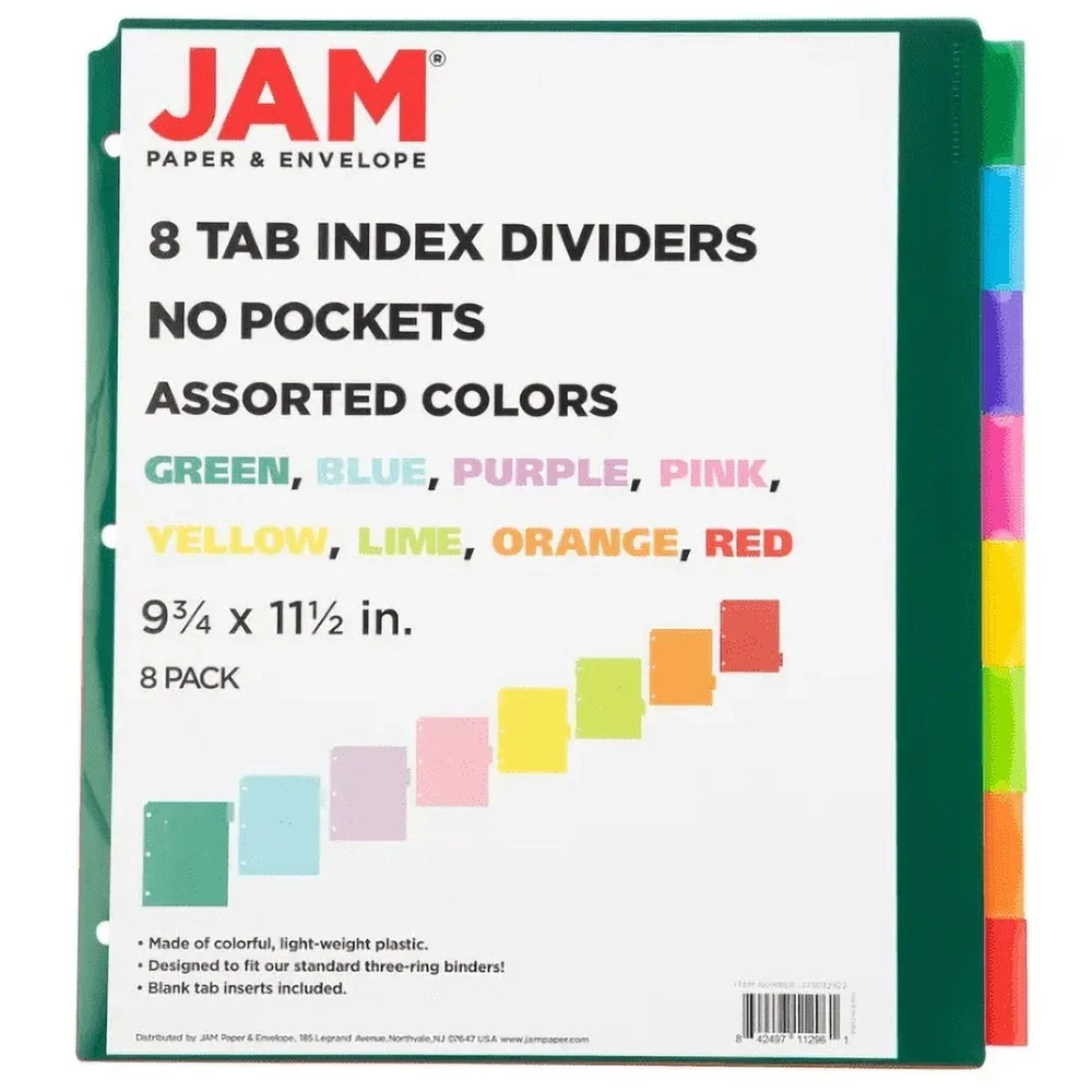 Divisori in plastica multicolore a 8 linguette con inserti vuoti Raccoglitori per organizzare la scuola, l'ufficio, la casa, 9,75 x 11,5 pollici