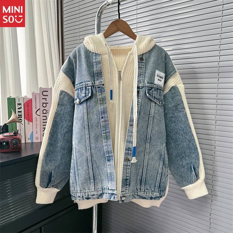 

Miniso 2025 Denim Patchwork Cardigan, Hooded Knit Coat, Korean Loose Fit Sweater